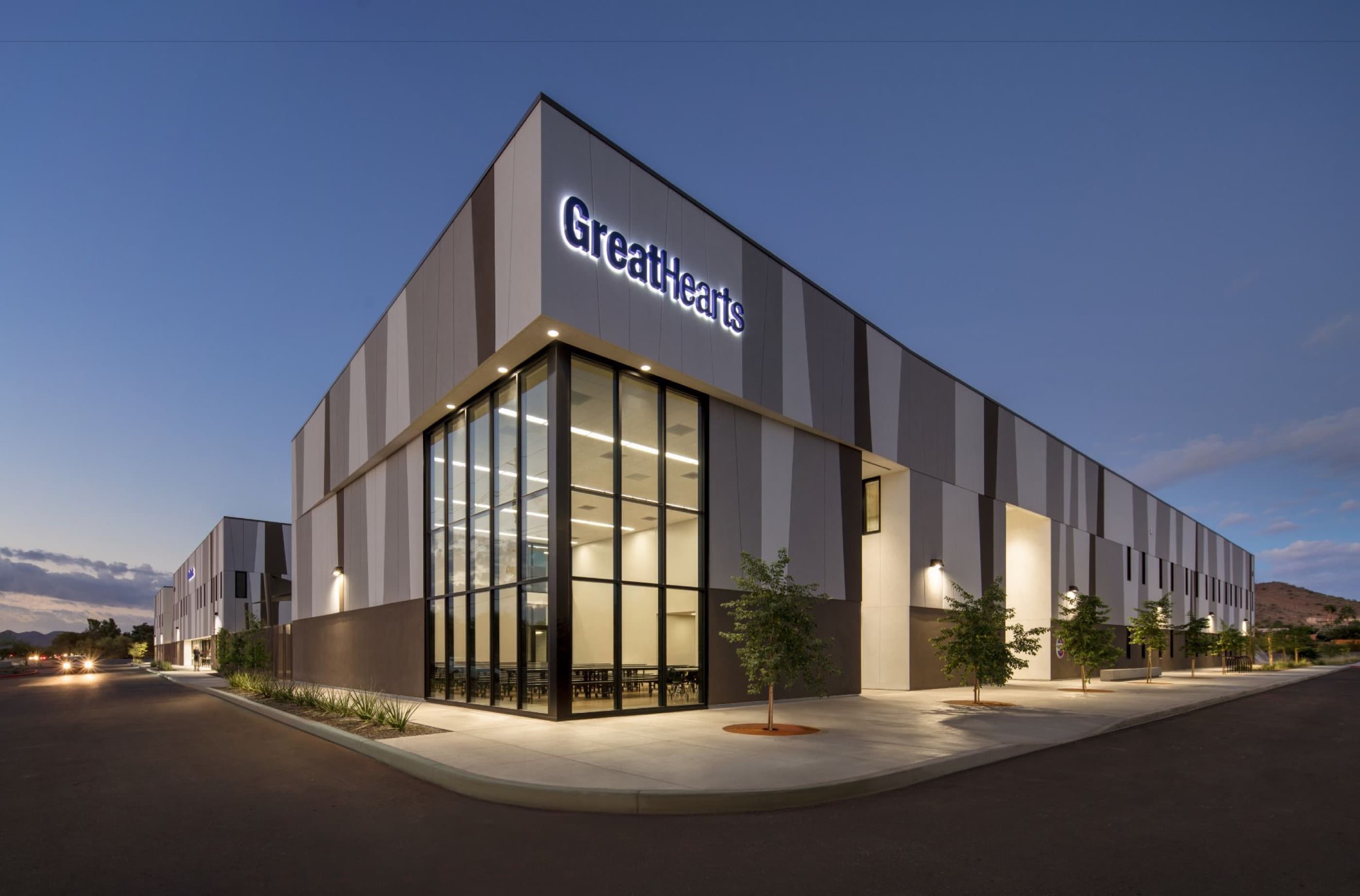 Great Hearts Arizona campus exterior at dusk